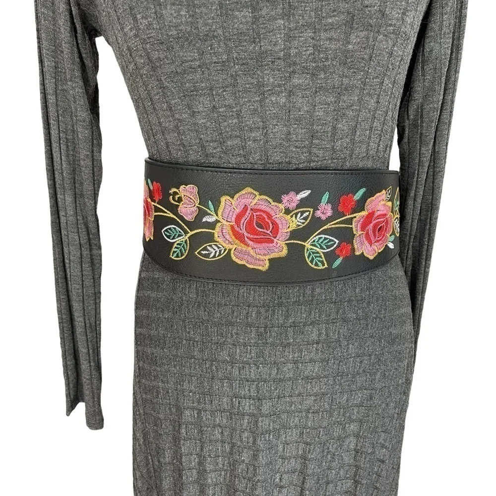 Boutique Embroidered Floral Rose Belt Tie Around Faux Leather